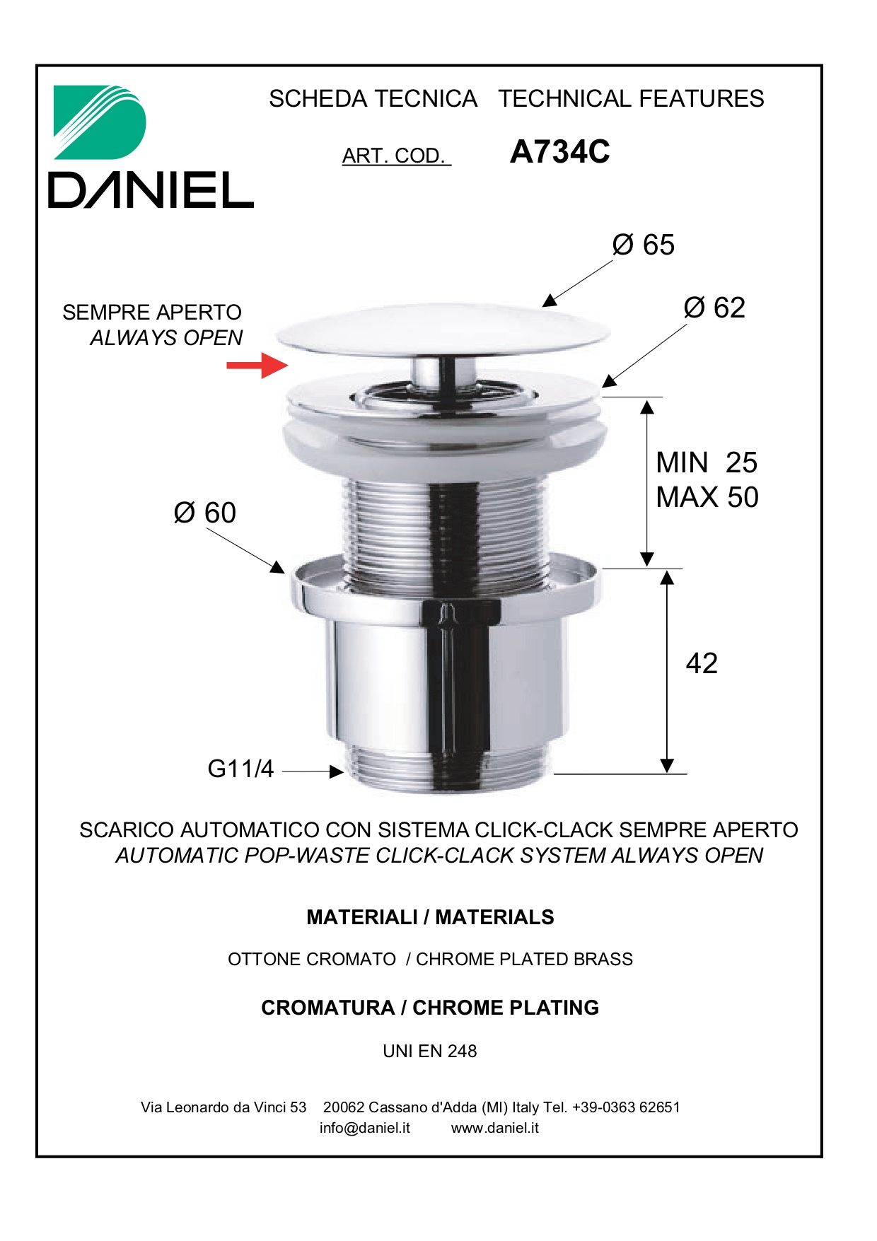 Daniel, донный клапан click-clack 1"1/4 с коротким стаканом, цвет бронза A734C-63