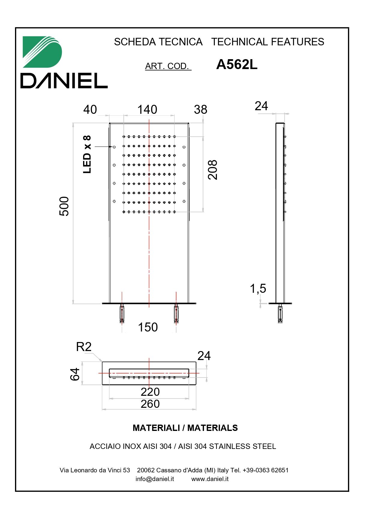 Daniel, настенная лейка для душа с 7 цветной светодиодной подсветкой, 500х260х64 мм, цвет хром