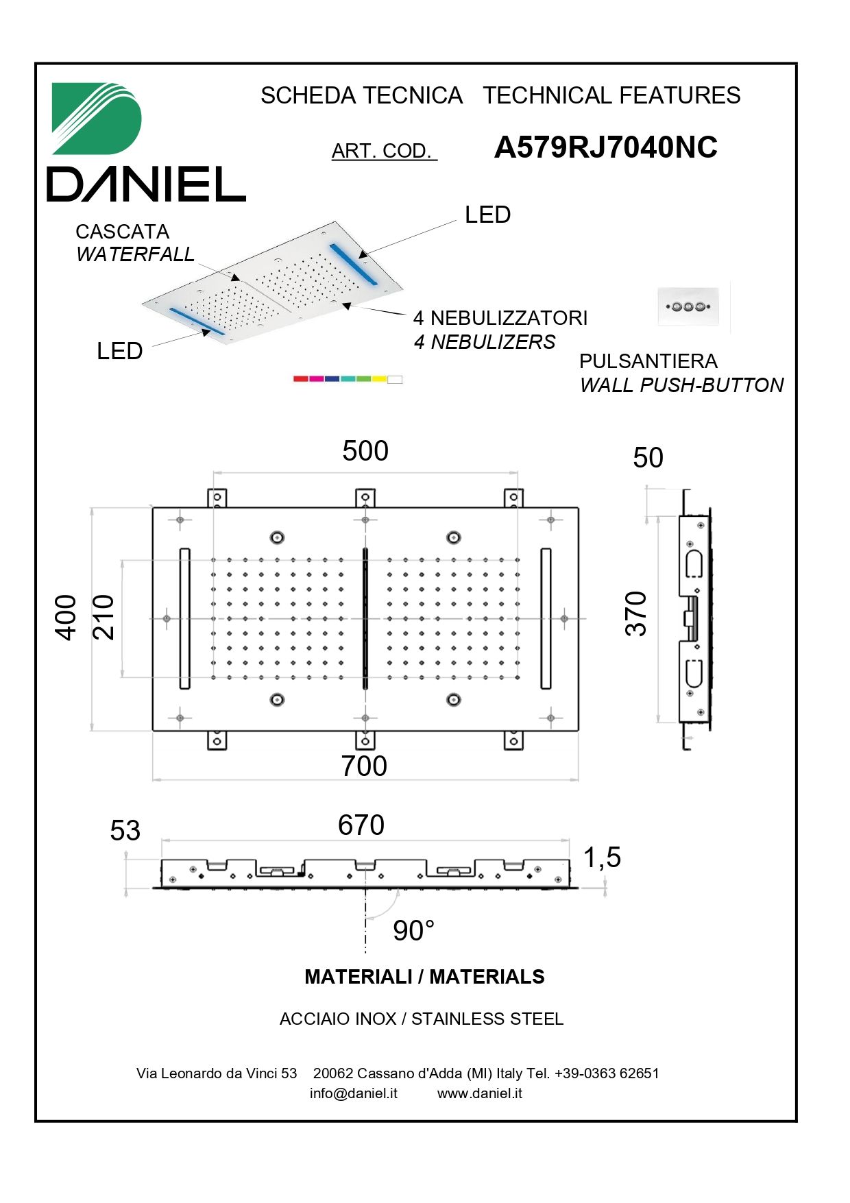 Daniel, встроенная лейка для душа (3х режимная) с 7 цветной светодиодной подсветкой, 700х400 мм, цвет хром