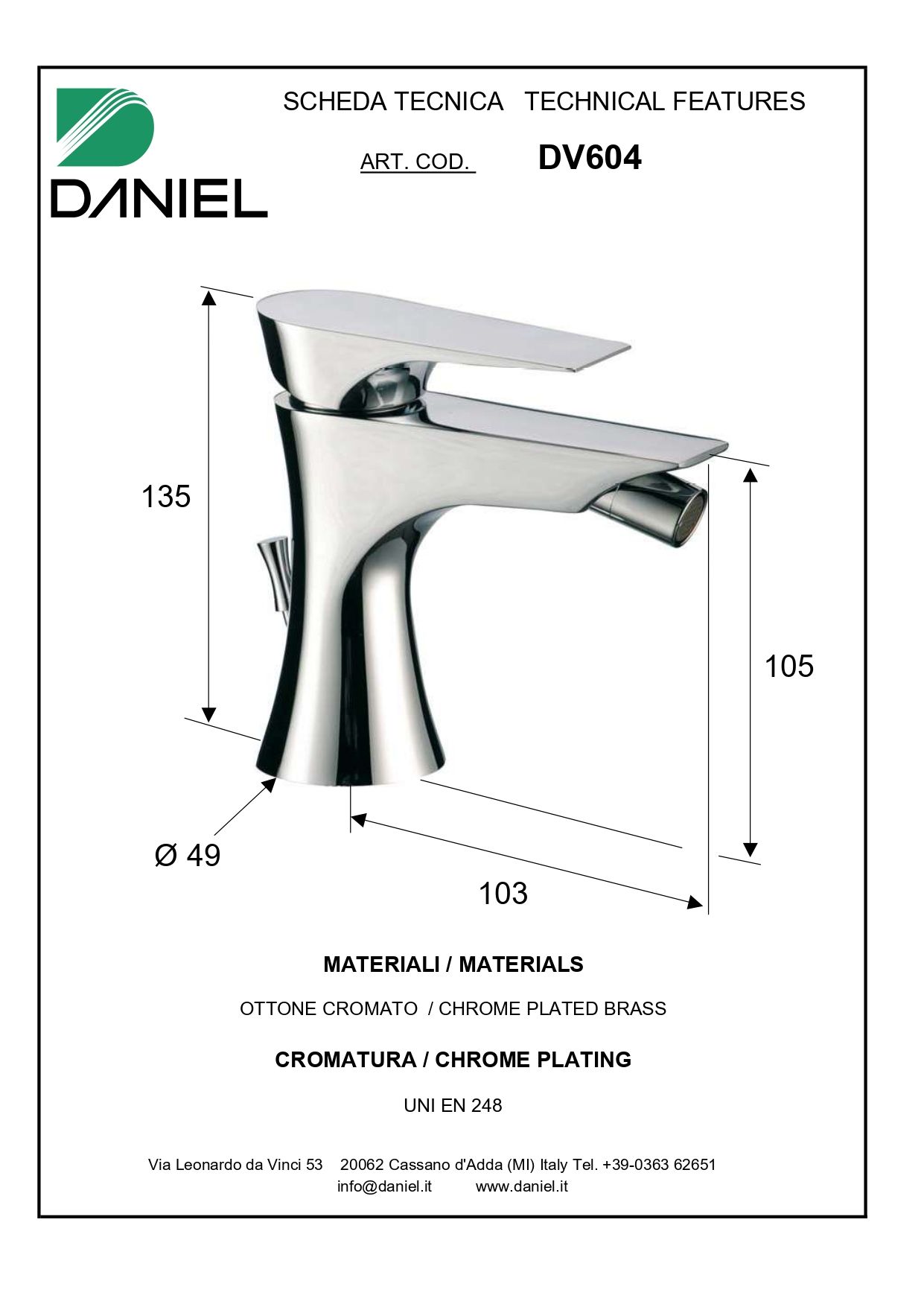 Daniel Diva, однорычажный смеситель для биде, с донным клапаном, цвет хром DV604-CR