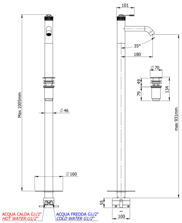 Смеситель для раковины напольный REMER Atelier AL18, хром, шт